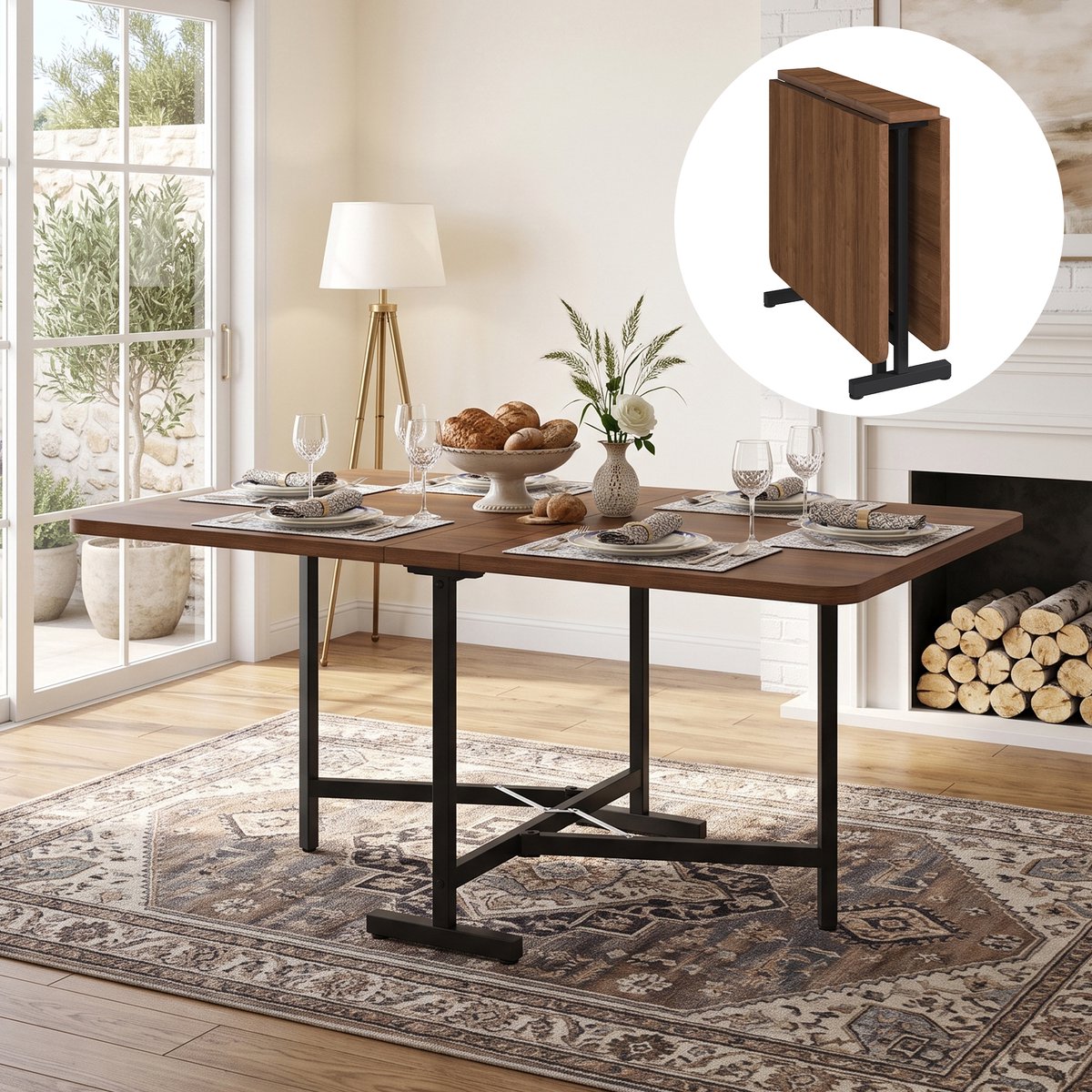 Intebiki Uitschuifbare eettafel (120×80 cm) - keukentafel - Biedt plaats aan 4-8 personen - Geschikt voor keuken en woonkamer - Walnoothout