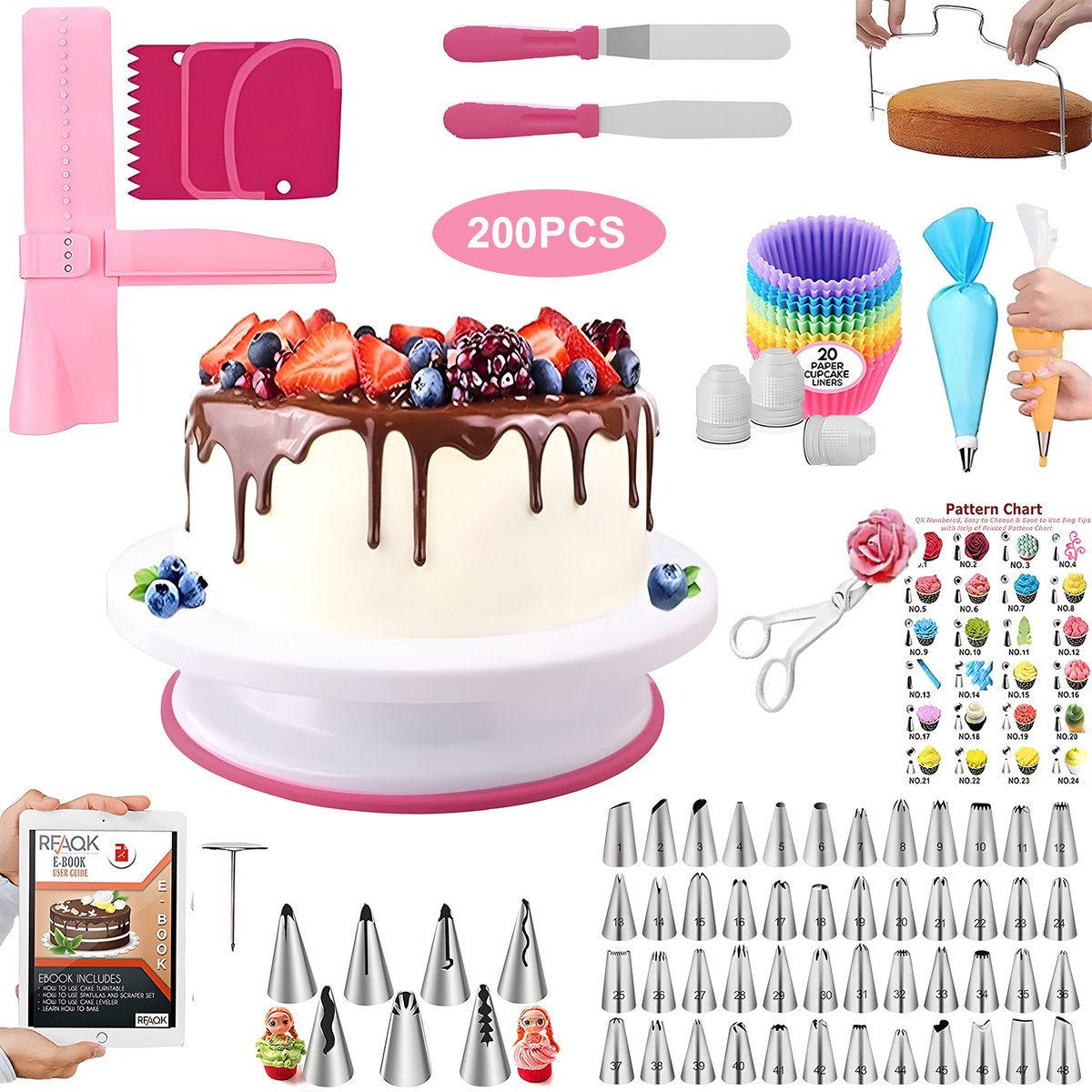 200 Delige DIY Taart Draaitafel Set- Taart Decoratie Gereedschap -Met Spuitmondjes Draaischijf Spatel Laagsnijder Spuitzakken Bakset Voor Thuisbakken