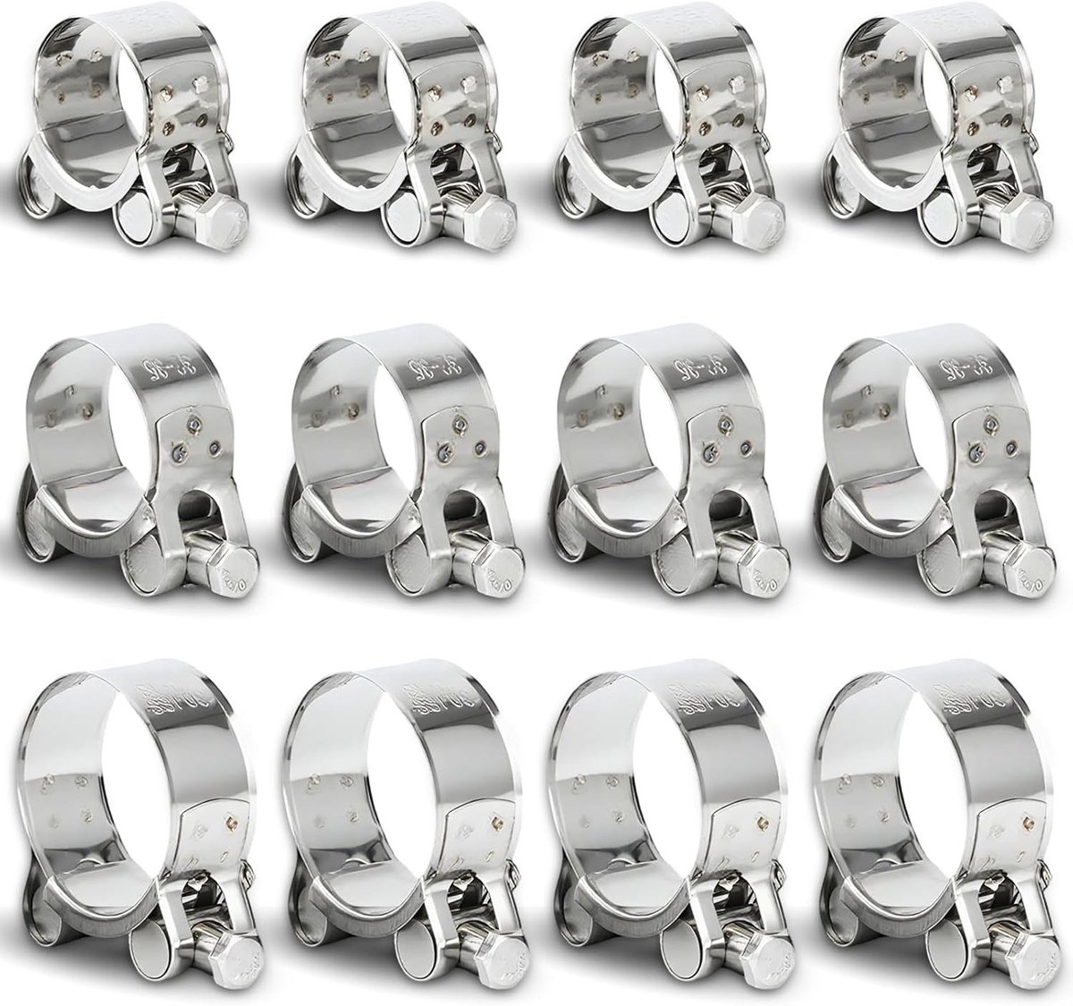 Roestvrijstalen slangklemmen set van 12 stuks, verstelbare klemmen voor slangen, clamping bereik 26-28 mm, 32-35 mm, 40-43 mm