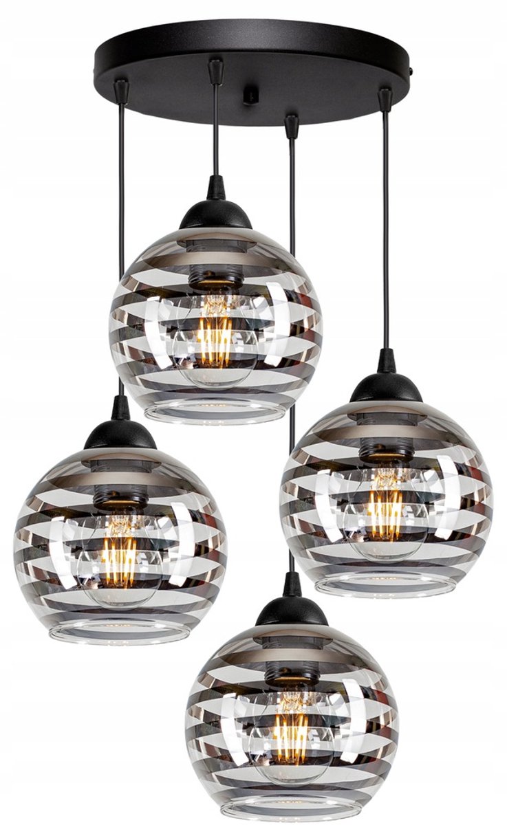 Luxe Glazen Hanglamp - Zwart Metaal, 4xE27 Fitting, Verstelbaar