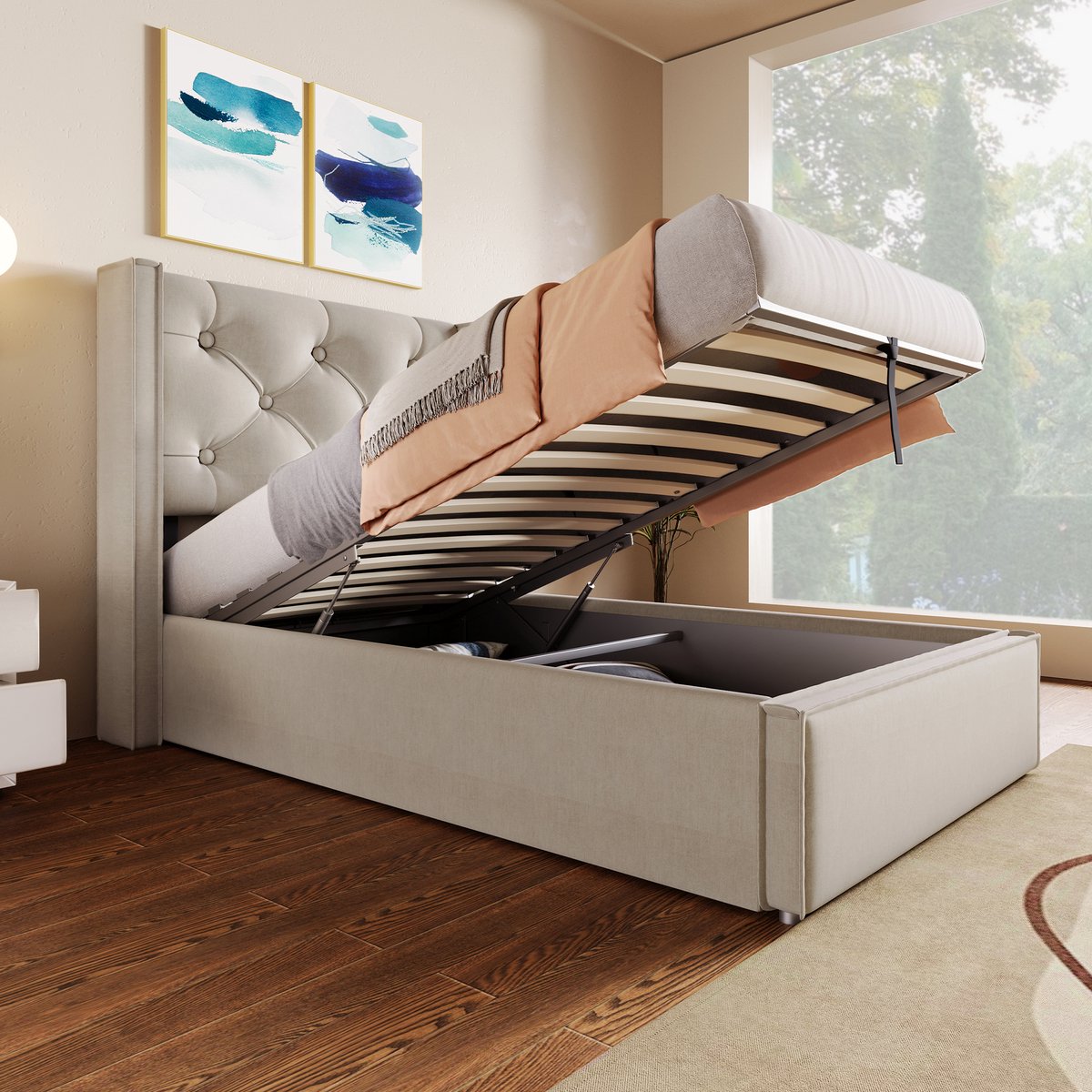 Bedframe - 90x200 Cm - Bed - Met Lattenbodem - Met Opbergruimte - Grijs - Zonder Matras