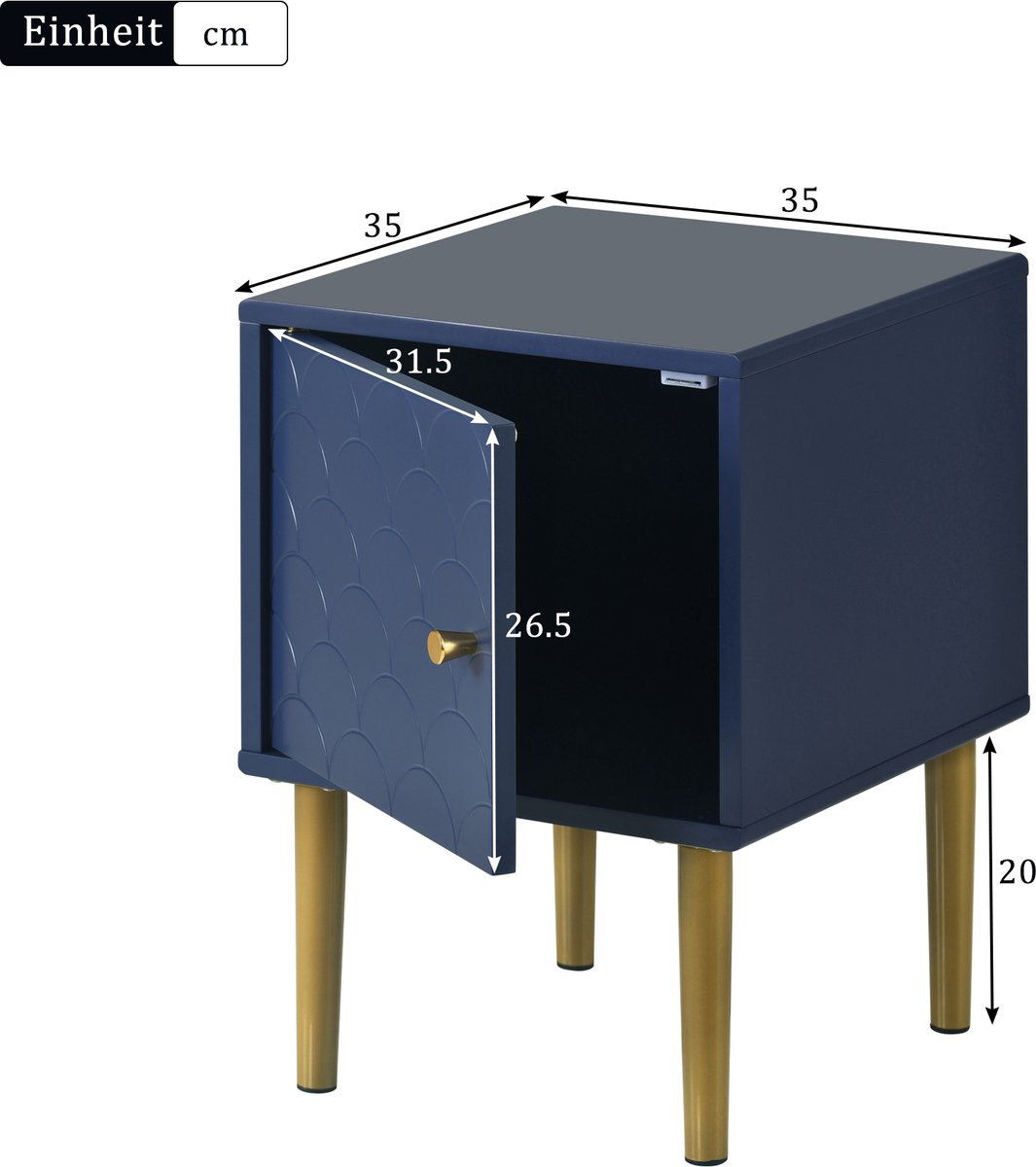 Nachtkastje 35x35x51 cm - Donkerblauw Bijzettafel Met Deur, Schubbenlook En Metalen Poten - Voor Slaapkamer En Woonkamer