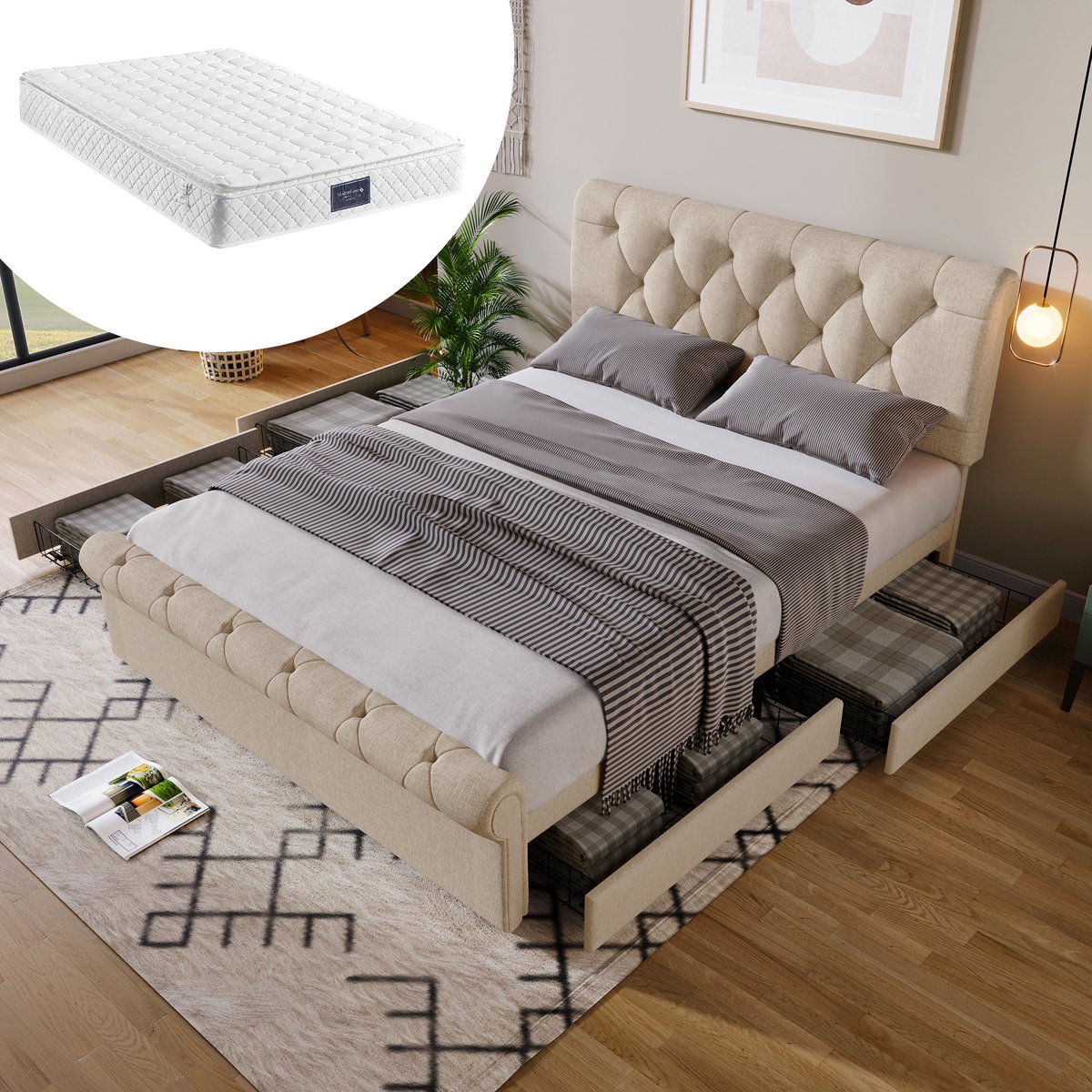 Bedframe - 140x200 Cm - Bed - Met Lattenbodem - Met Opbergruimte - Naturel - Met Matras