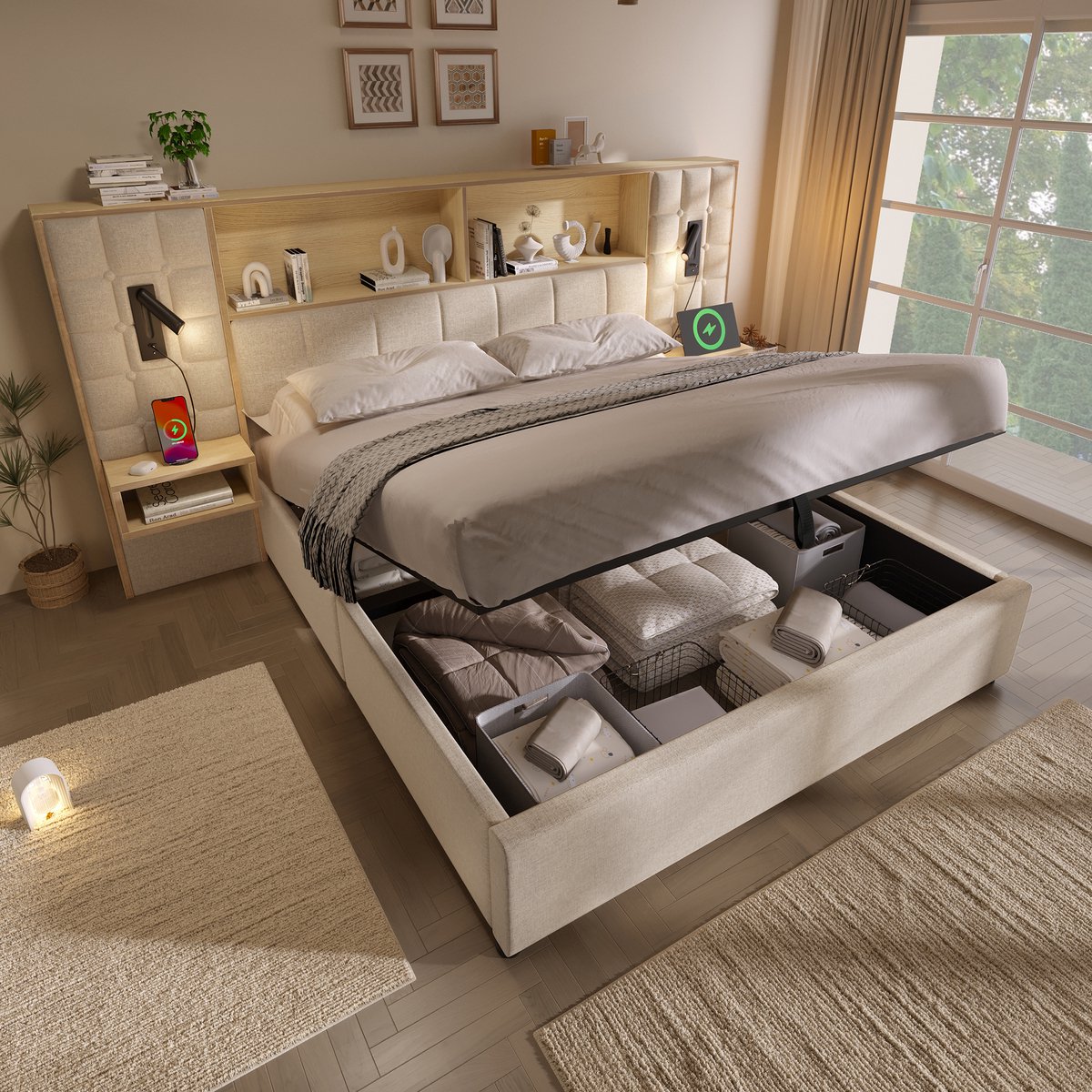 Bedframe - 160x200 Cm - Bed - Met Opbergruimte - LED - USB C - Beige - Zonder Matras