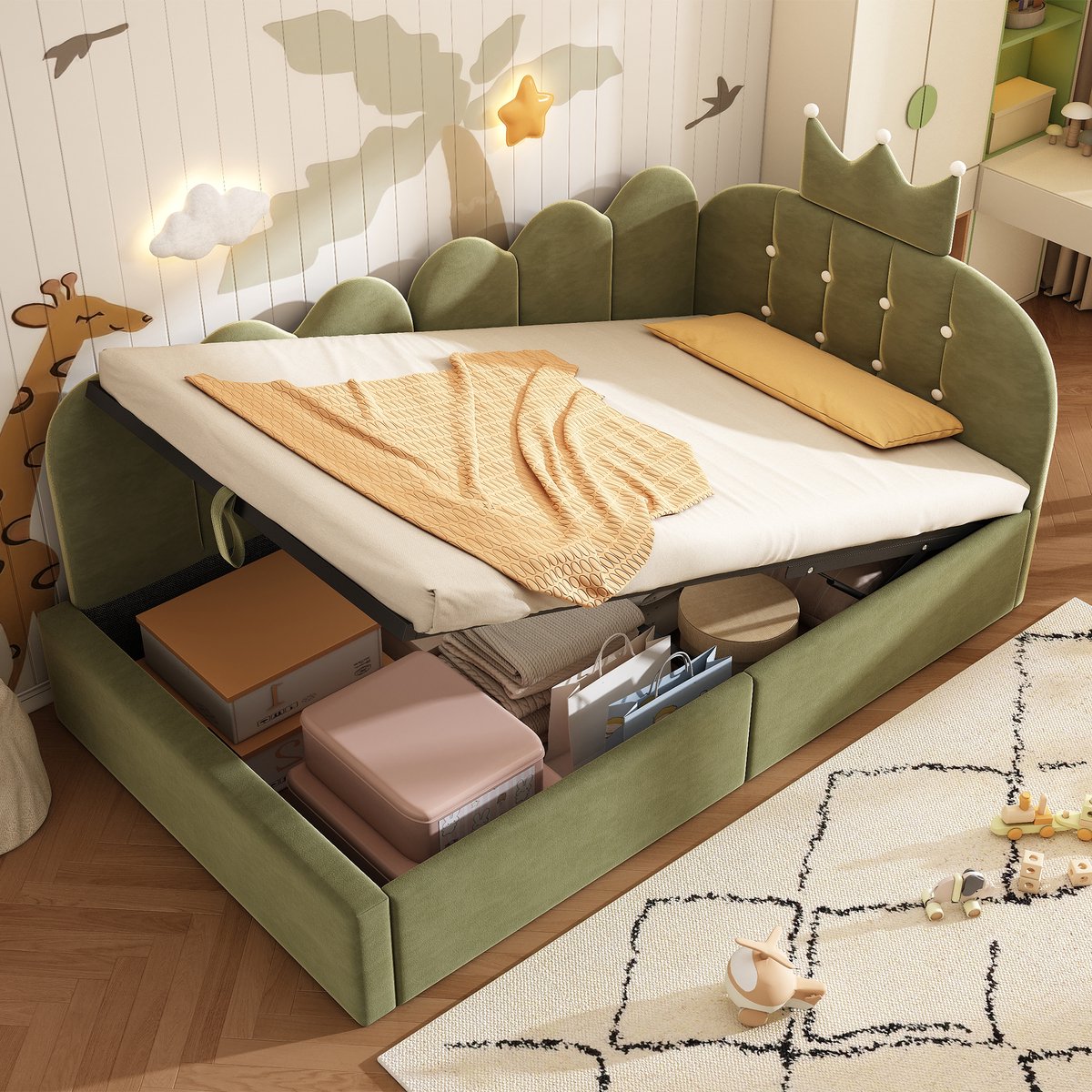 Bedbank - 90x200 Cm - Bed - Met Lattenbodem - Met Opbergruimte - Groen - Zonder Matras