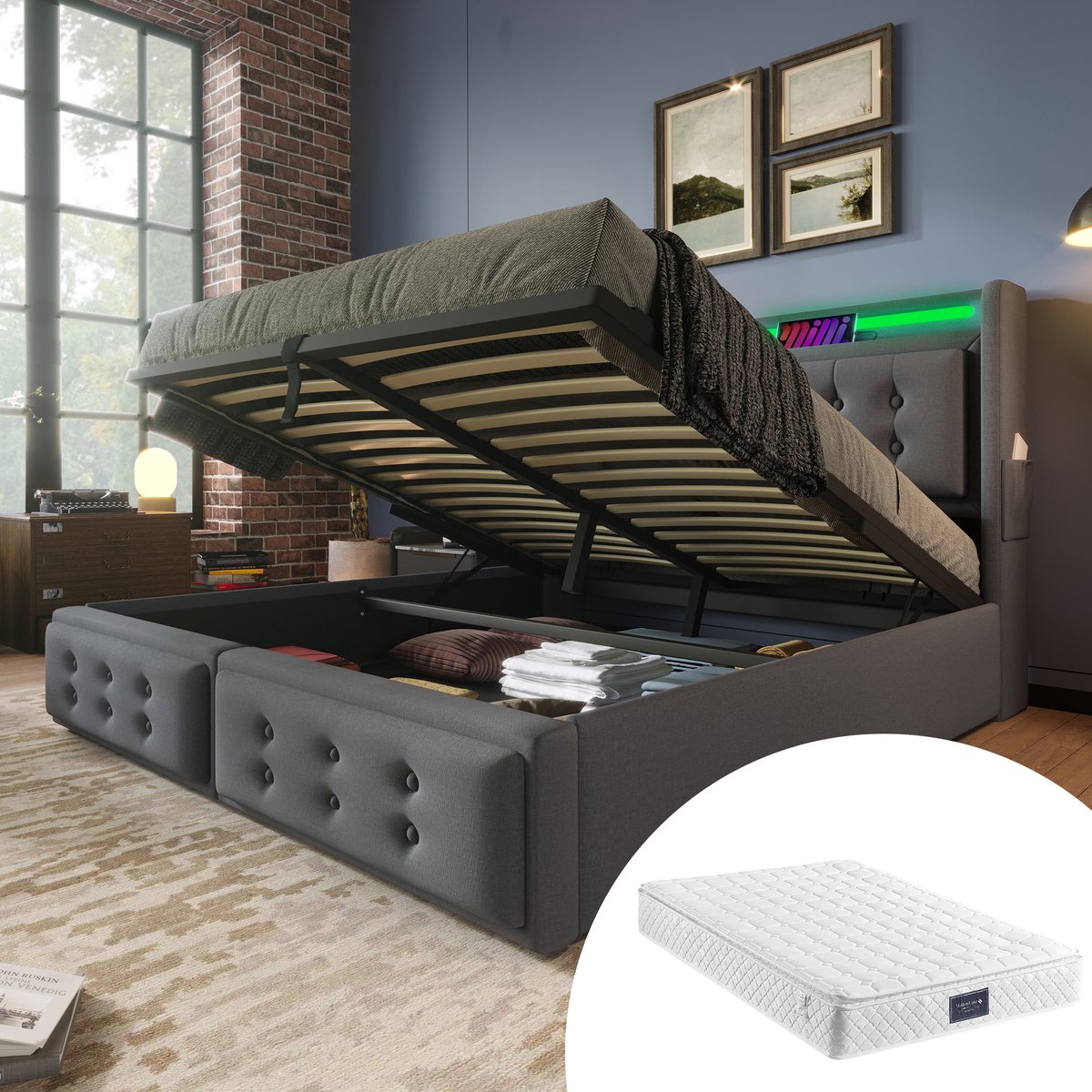 Bedframe - 160x200 Cm - Bed - Met Lattenbodem - LED - USB C - Grijs - Met Matras