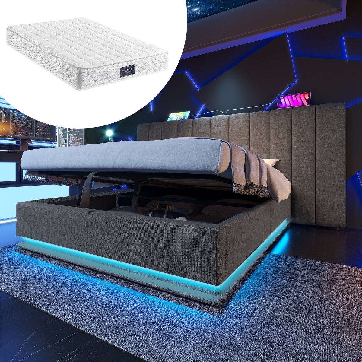Bedframe - 160x200 Cm - Bed - Met Lattenbodem - Met Opbergruimte - LED - USB C - Grijs - Met Matras