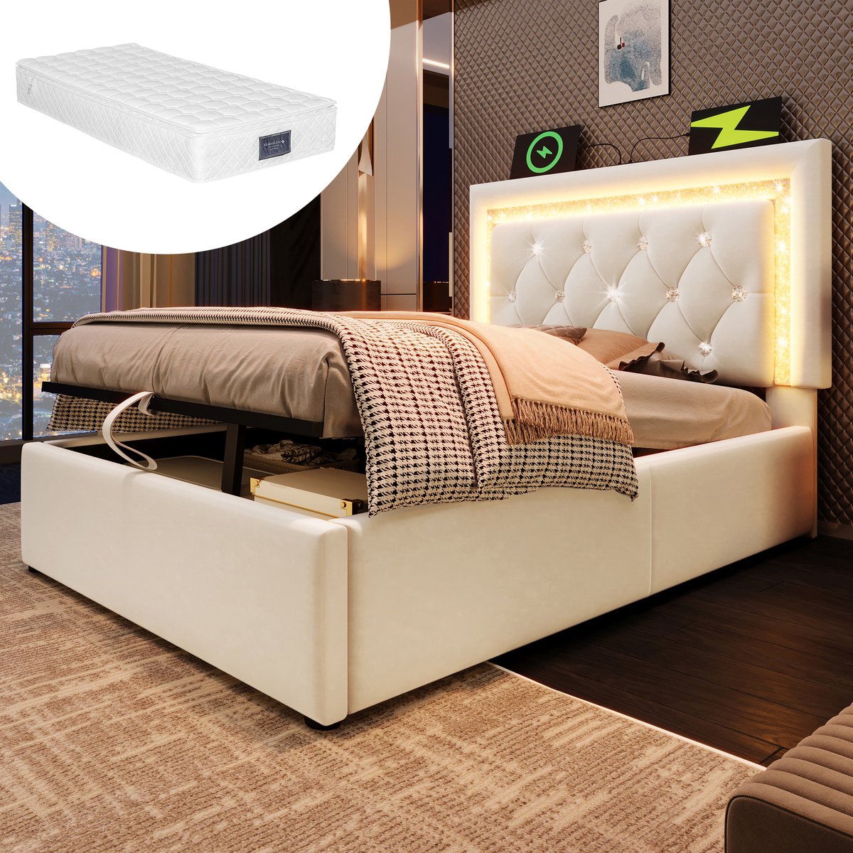 Bedframe - 90x200 Cm - Bed - Met Lattenbodem - Met Opbergruimte - LED - USB C - Beige - Met Matras