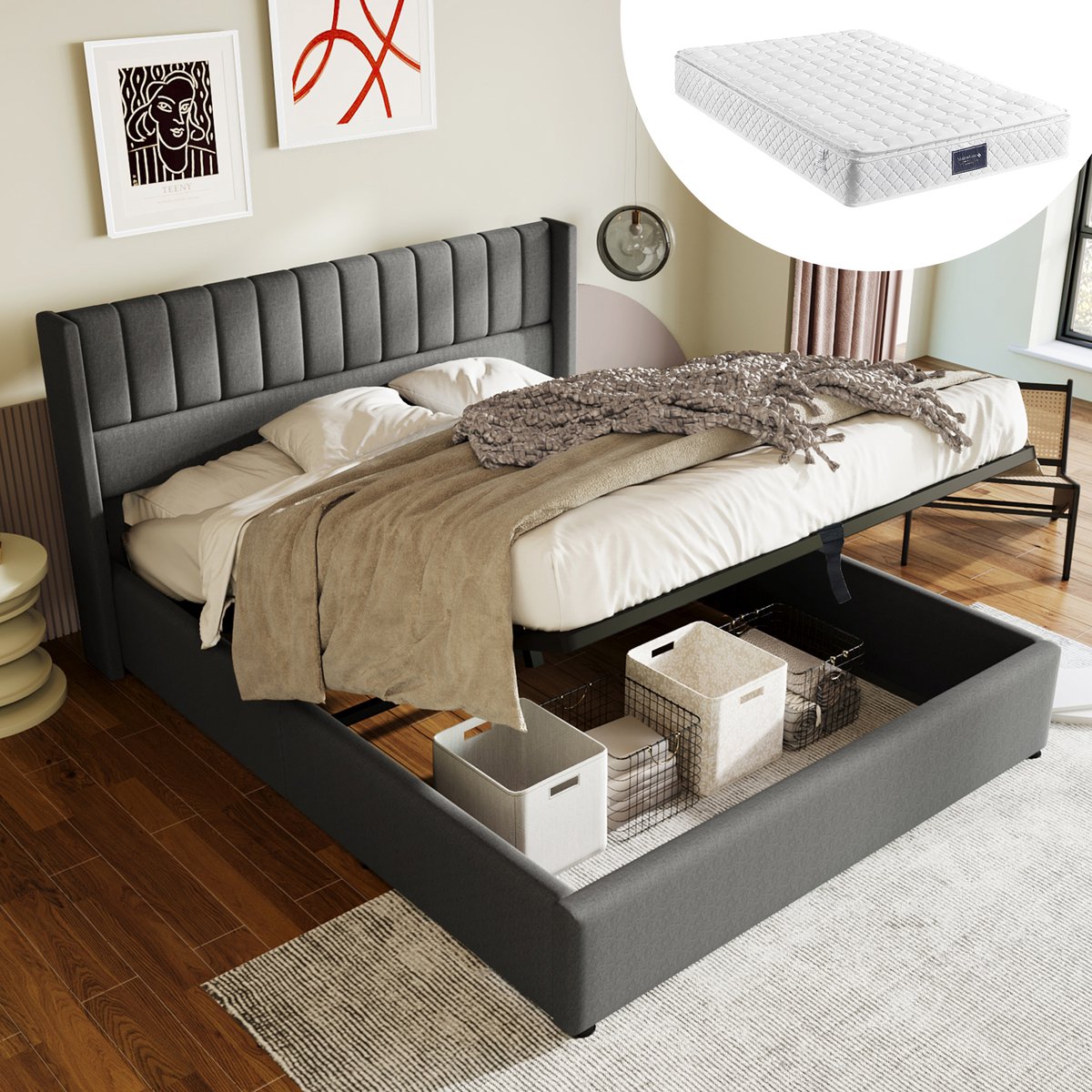 Bedframe - 160x200 Cm - Bed - Met Lattenbodem - Met Opbergruimte - Grijs - Met Matras