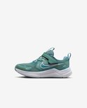 Profiel van de groene Nike sneaker met blauwe, witte en groene details.