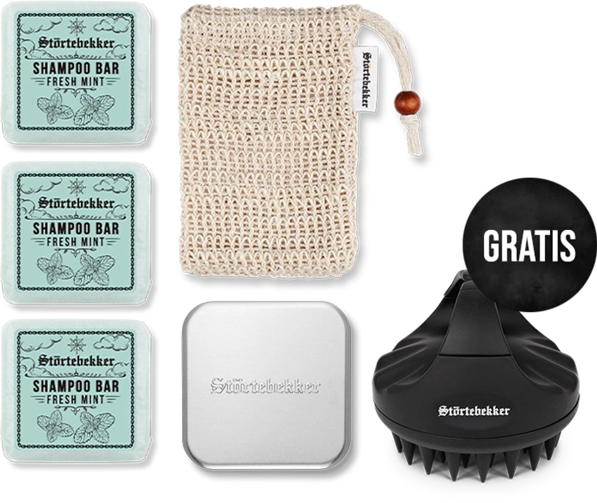 Störtebekker® Premium Douche Set Hair Fresh Mint - Shower Set Heren met verfrissende mintgeur - 3x Vaste Shampoo (100g), Sisal Washandje, Zeepdoos & GRATIS Siliconen Hoofdhuidborstel - Vegan - Handgemaakt in Nederland