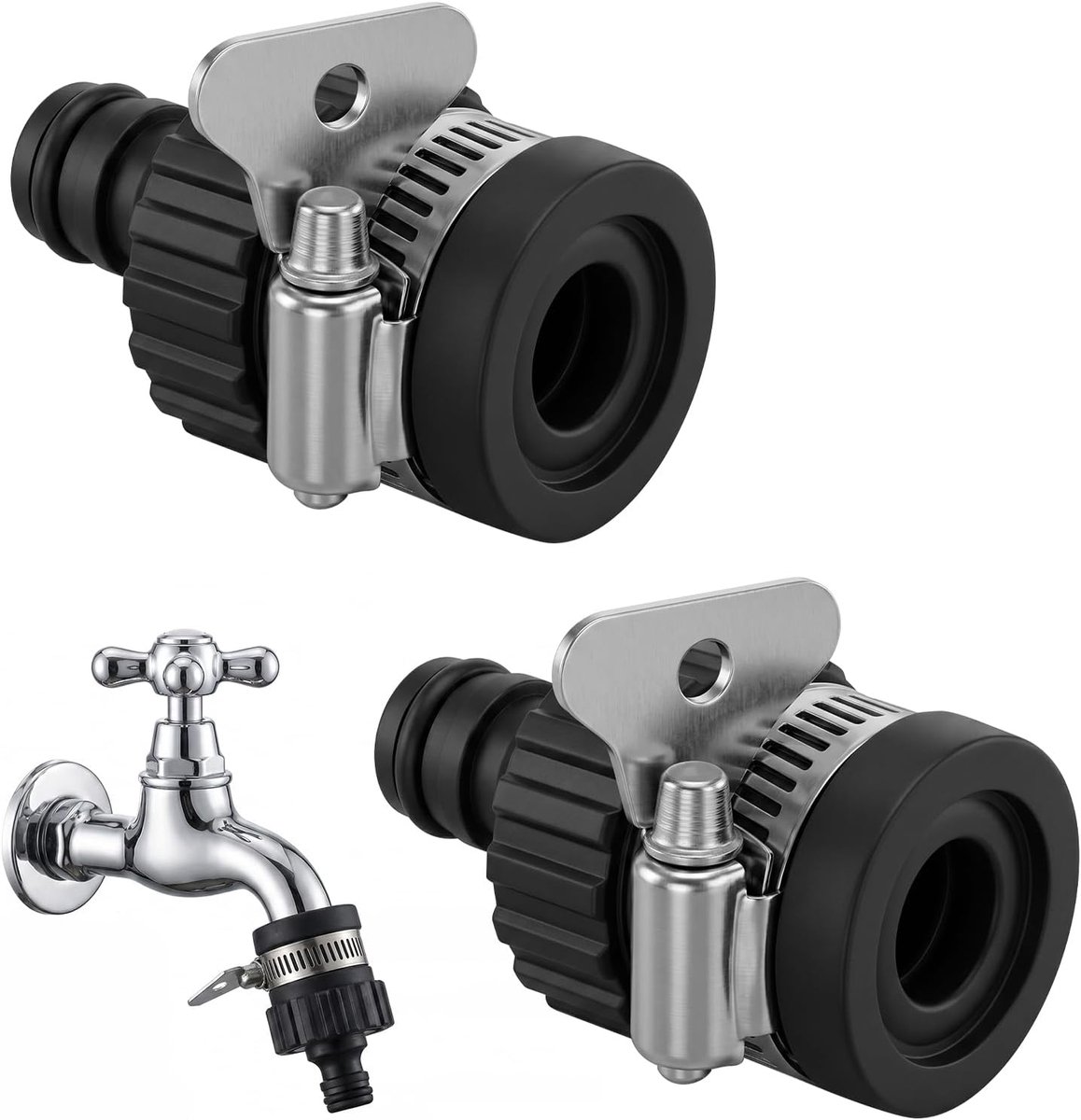 Kraanaansluiting - Set van 3 - Zonder Schroefdraad & Met Slangklem - 6.2 x 3.3 cm - Geschikt voor Tuinslang, Keukenkraan & Bewatering - Zwart & Zilver