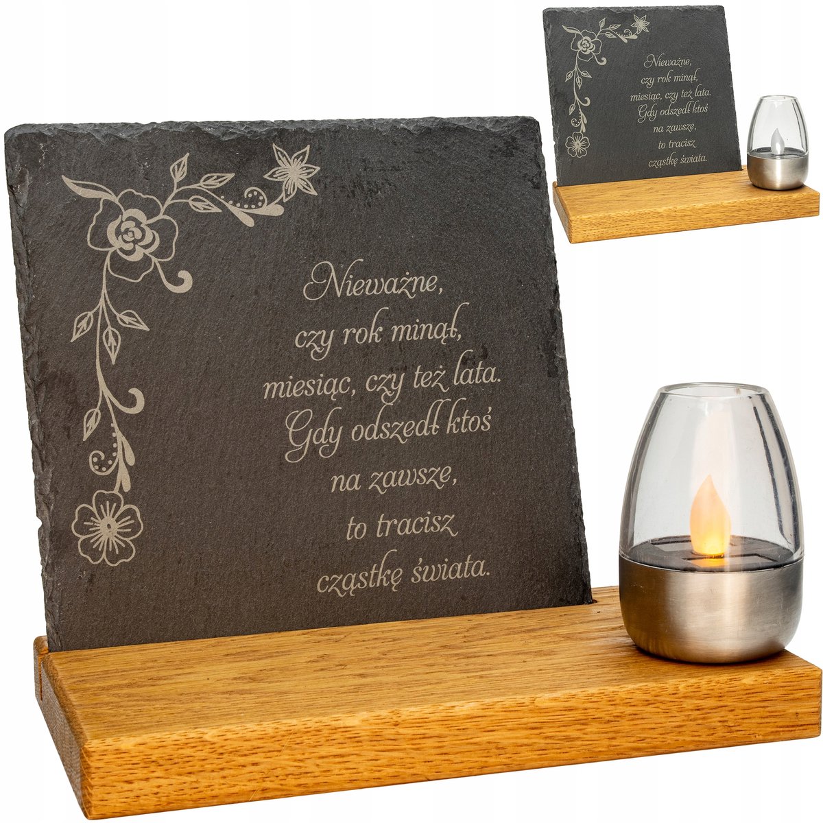 Grote Zonne-LED Grafsteen Decoratie - Eikenhout & Steen