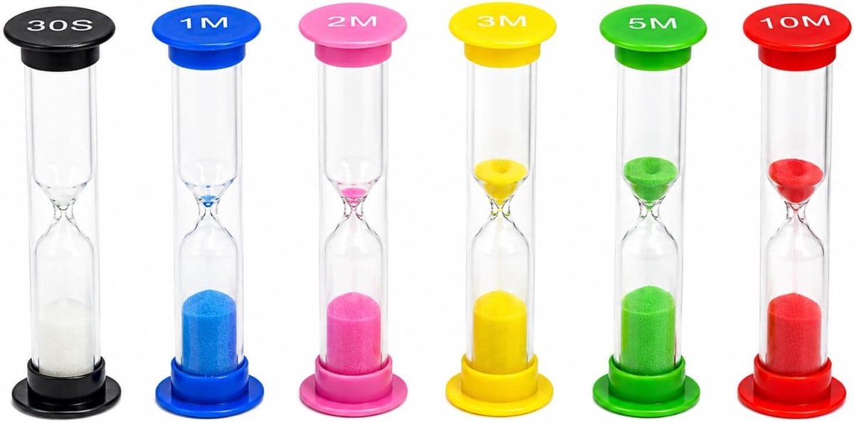 Zandloperset voor kinderen - 6-delige set met timers van 30 seconden tot 10 minuten, ideaal voor tandenpoetsen, leren en spelenderwijs ontwikkelen
