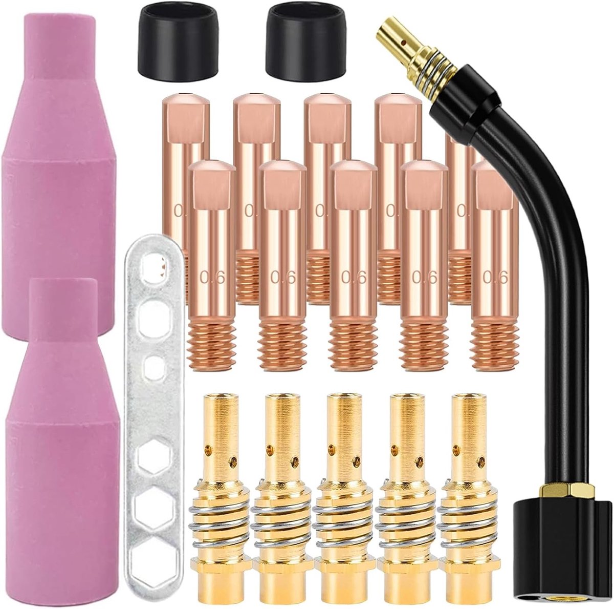 SnelShoppen - Mig Mag Lasaccessoires Set 21-delig | 10 x Contactpunt M6 0,8 mm | 5 x Punt Houder | 2 x Isolatoren | 2 x Keramische Beschermkappen | In