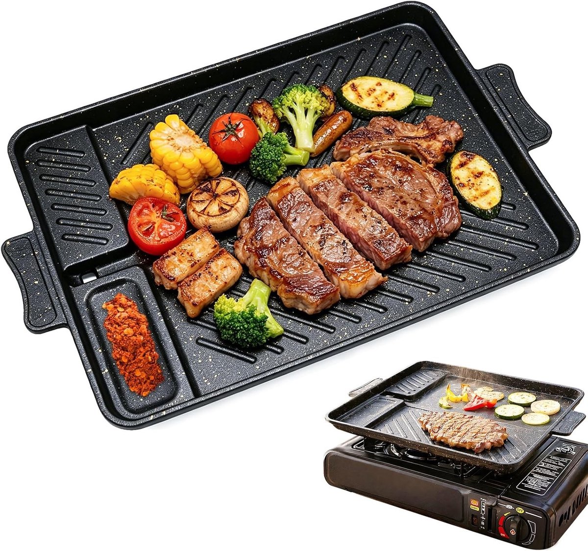 Grillplaat - Zwart - 37 x 26 cm - Antiaanbaklaag - Voor Gasfornuis en Inductie
