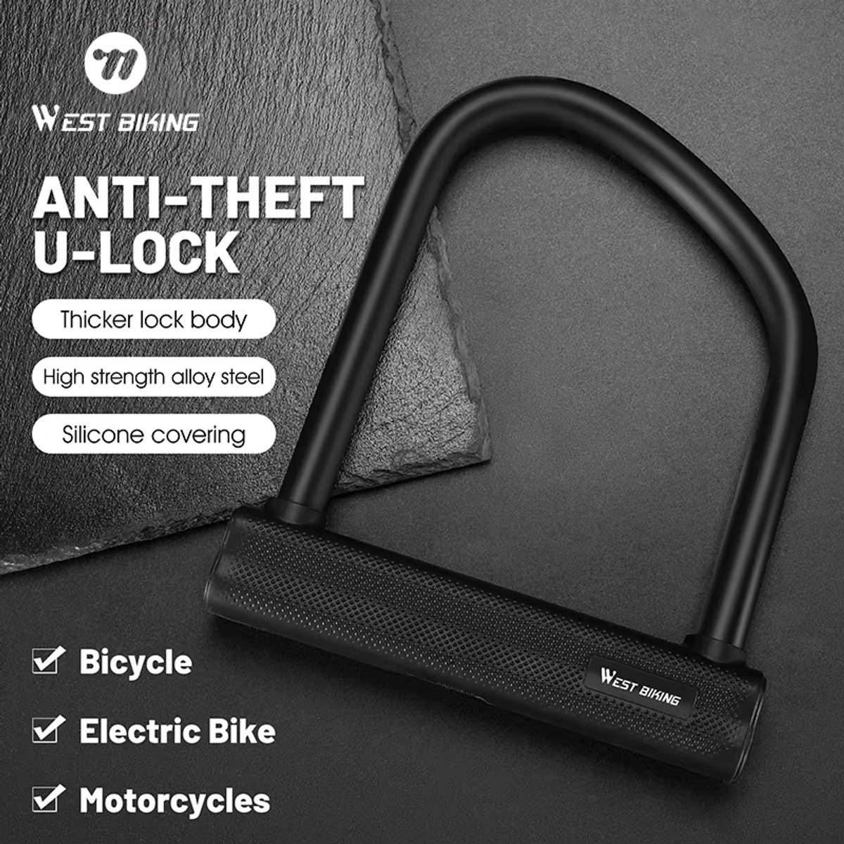 WEST BIKING Beugelslot Fiets – U-Lock 21 x 13,3 cm – 17 mm Gehard Staal – Siliconen Beschermlaag – Waterbestendig – Fietsslot voor Fiets & E-bike – Zwart