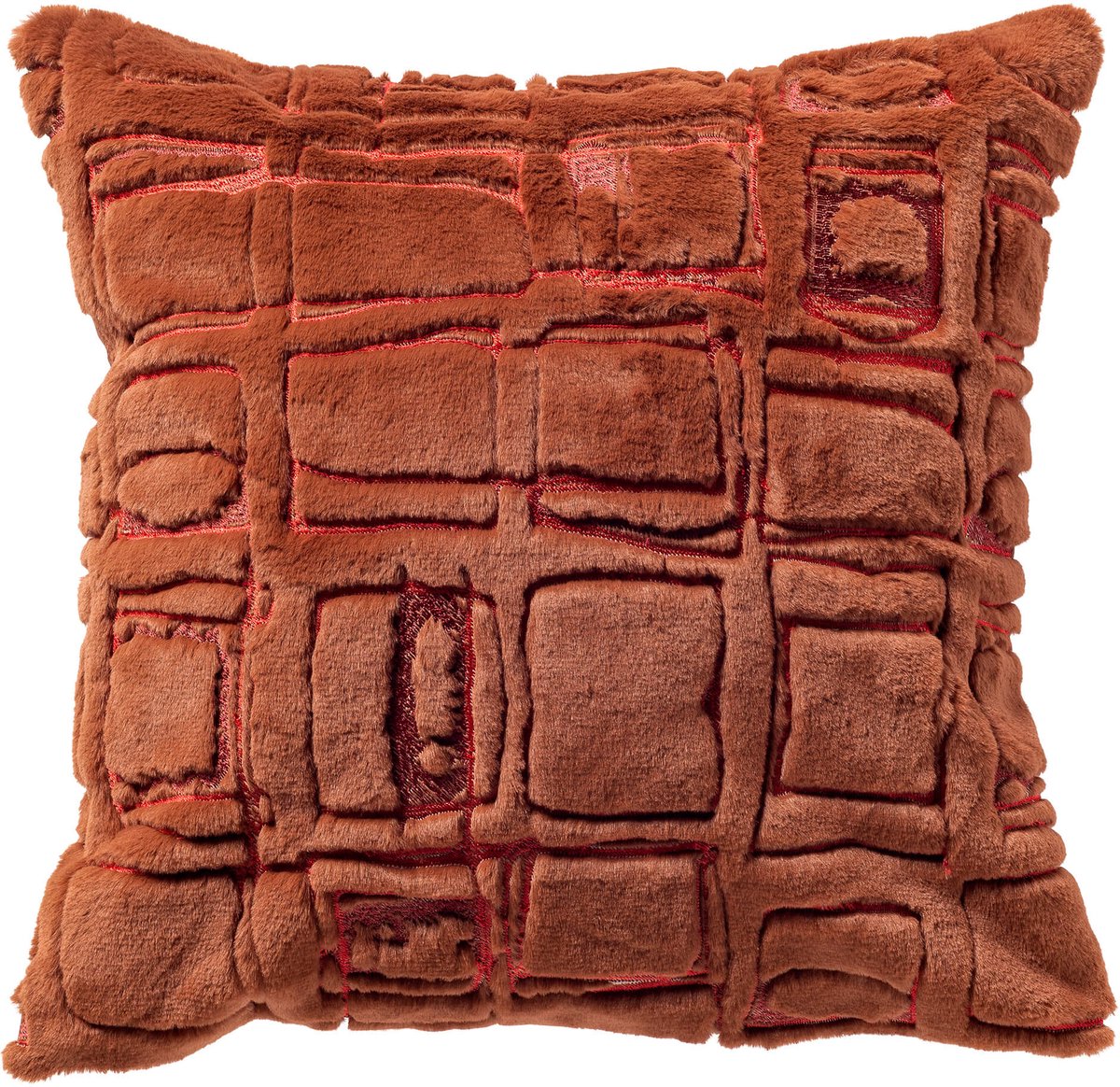 Dutch Decor DORON - sierkussen 45x45 cm - bontlook - blokkenpatroon - Brown Patina - bruin, rood - Inclusief binnenkussen - Luxe kussens voor woonkamer & bank