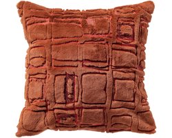 Dutch Decor DORON - sierkussen 45x45 cm - bontlook - blokkenpatroon - Brown Patina - bruin, rood - Inclusief binnenkussen - Luxe kussens voor woonkamer & bank