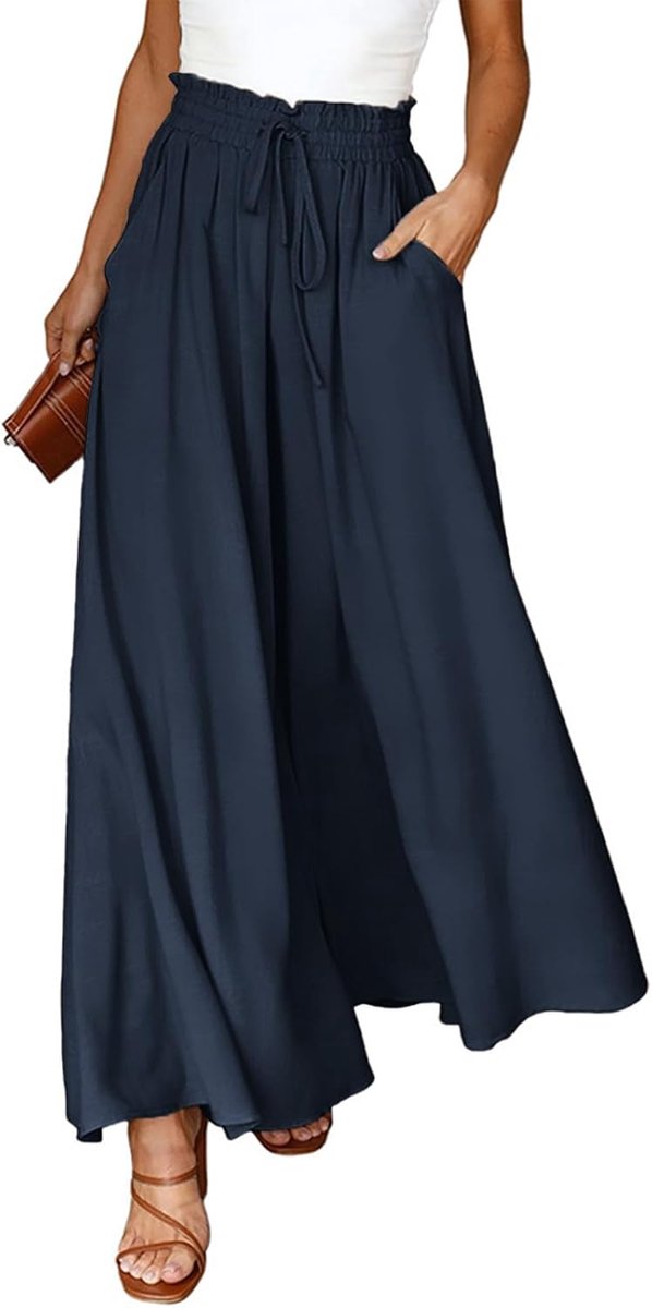 Palazzo Damesbroek, zomer, licht, casual, wijde broek, vrijetijdsbroek, elegant, effen, marlenebroek, brede pijpen, broek met hoge taille, elastische zakken, trekkoord