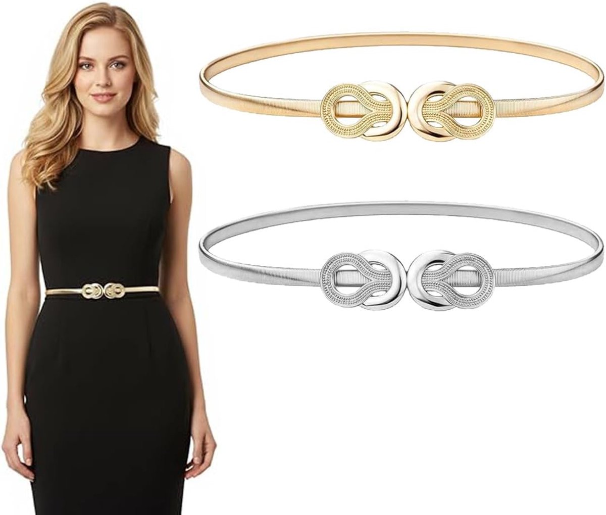 2 stuks metalen stretchriem voor dames, zilver en goud, verstelbare tailleriem 70 x 1 cm, veerzachte elastische riem voor jurken, dagelijks gebruik en meer