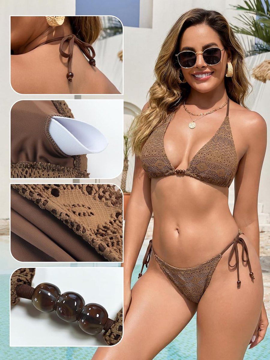 Triangelbikiniset voor dames, tweedelige halterbadpakken met cut-outs, sexy tanga-badmode