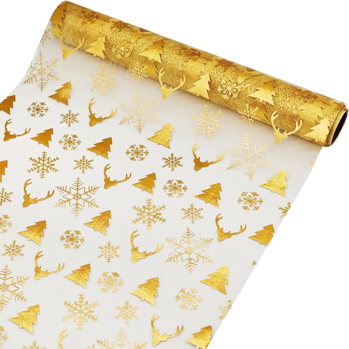 Tafelkleed tafelloper rol glanzend goudfolie tafeldecoratie,Gouden organza kersttafelloper, 28 cm x 500 cm, kersttafelkleed, transparante tafelband voor advent,bruiloften en feesten - Rendier