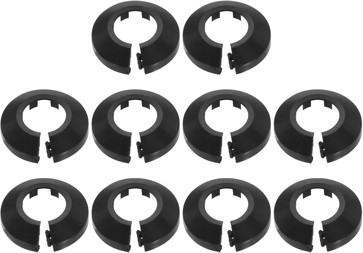 10 stuks slangafdekkingen met flensdecoratie, 25 mm, kunststof kraag, met clip voor muur, gat afdekking onder de gootsteen, halsketting voor radiator, voor badkamer, keuken, toilet, zwart