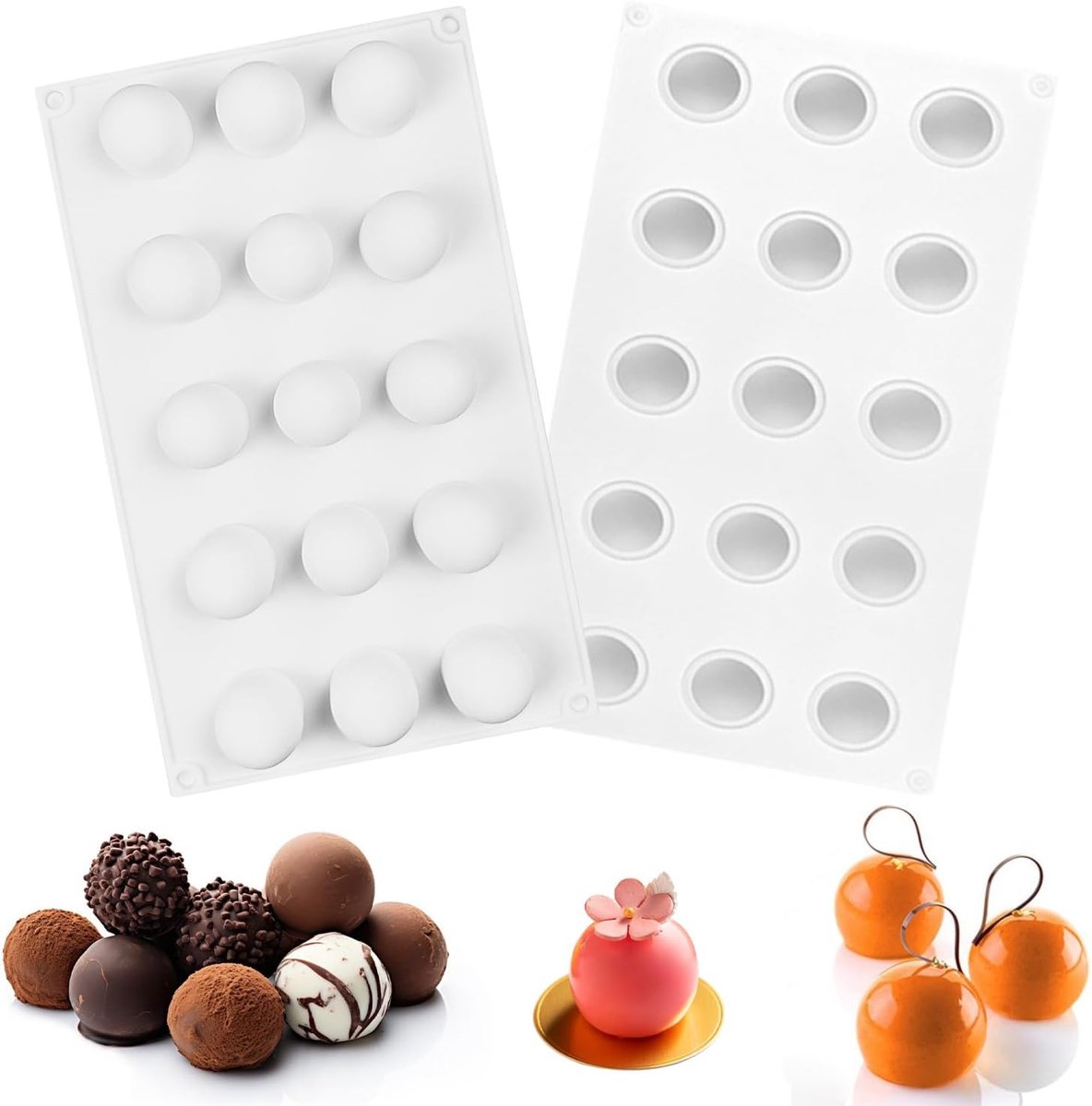 2-delige siliconen mallenset, siliconen mallenset met 15 holtes, halfronde siliconen mal, chocolademal geschikt voor taartdecoraties, chocolaatjes, truffels, pudding, snoep