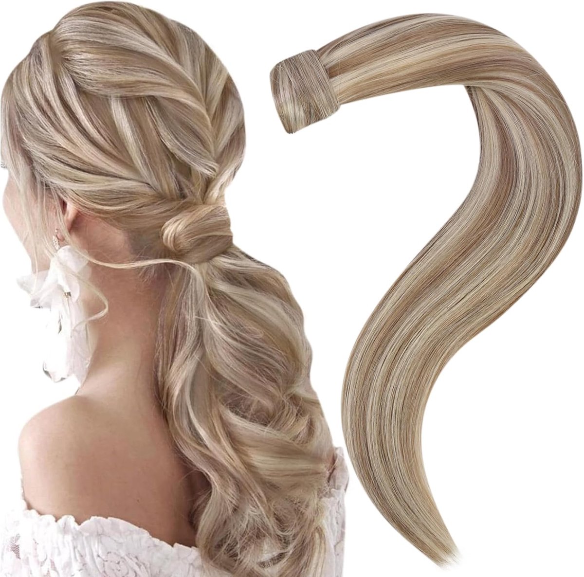 Paardenstaart verlengingen van echt haar, platinabond met lichtbruine strengen, 70 g, 30,5 cm
