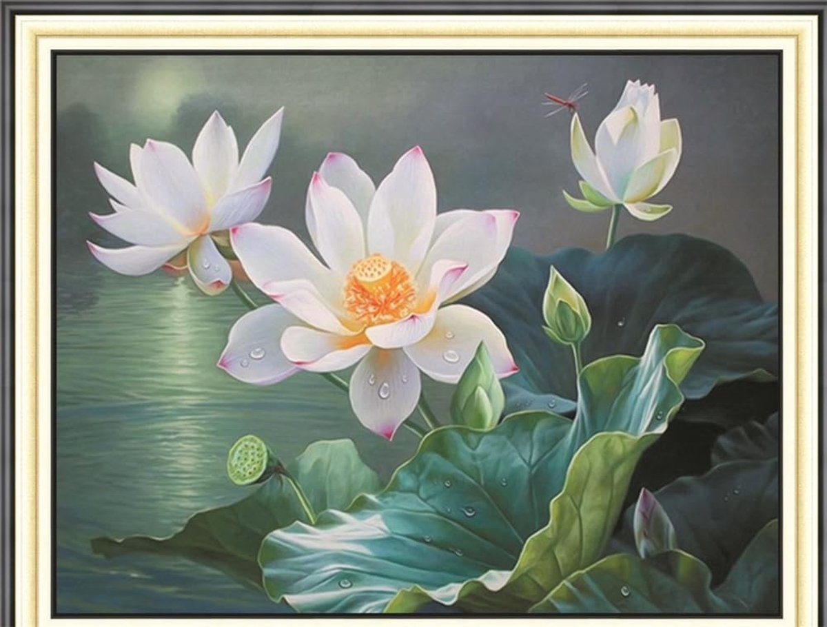 Kruissteekset, 11-dradig, reliëf, lotusbloesem-zee-borduurset met accessoires, voorbedrukt (40 x 50 cm) (lotus)