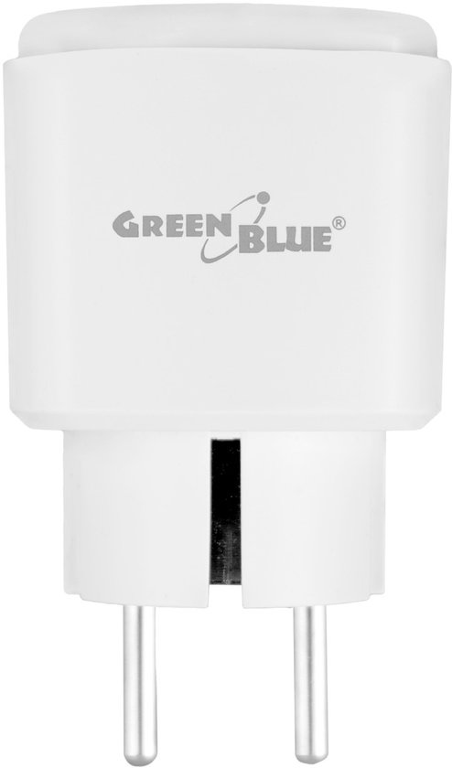 Witte GreenBlue Wi-Fi slimme stekker met twee pinnen en een logo.