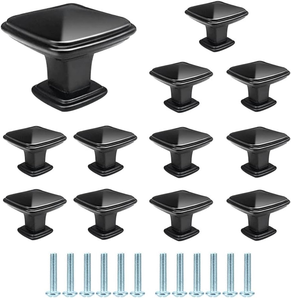 Set 12 Stuks Meubelknoppen Zwart Vierkante Dressoir Knoppen Mat Zwart Meubelknop Kabinet Handgrepen Lade Handgrepen voor Keuken, 30,8 mm