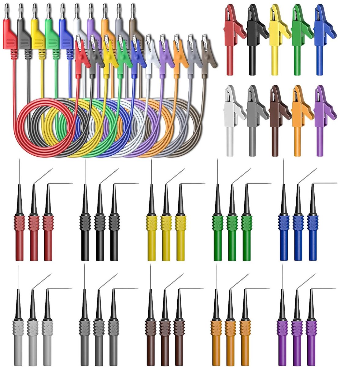50 stuks retoursonde-kit 4mm stapelbaar banaanstekker naar alligator clip Automotive meetkabelset met alligator clips, 30 stuks 30V terug proberen pins voor auto reparaties diagnose Tien