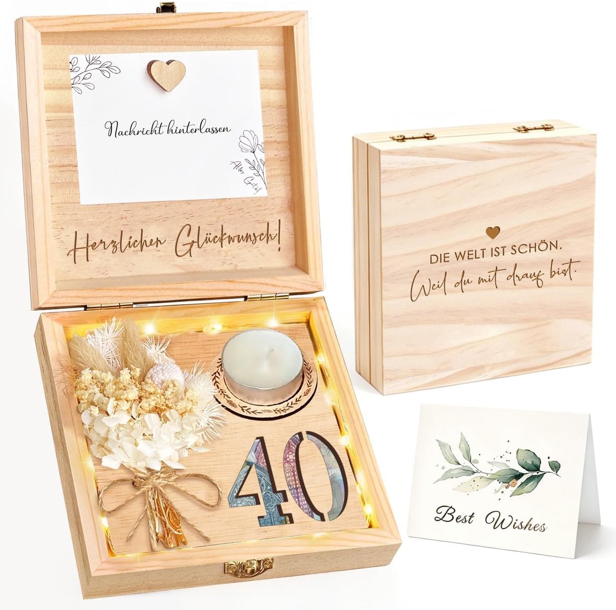 Inyeskon Geldgeschenk Verjaardag 40, Creatief Geldgeschenk van Hout Verpakking Geschenkdoos met Droogbloemen, Holzliebe Magneet en Wenskaart voor Verjaardag Vrouw Man