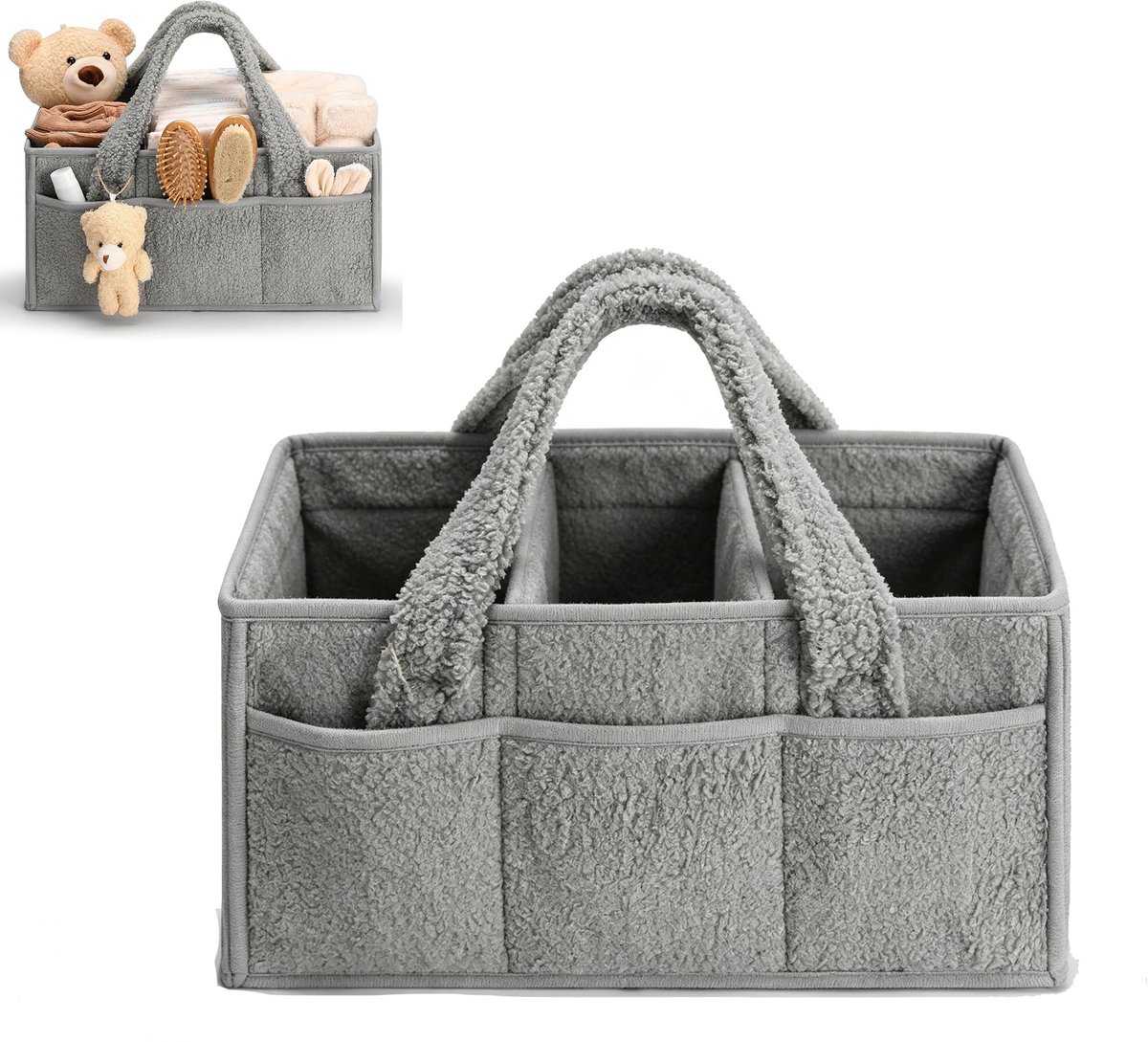 Luiermand - Babyopbergmand - Verzorgingsmand - Reismand - Zachte teddy stof comfortabele handvatten - Verstelbare binnenverdelers meerdere voorzakken - Teddy fleece - 38×25×18 cm - Geschikt voor babykamer kraamcadeau thuisopruiming - Grijs