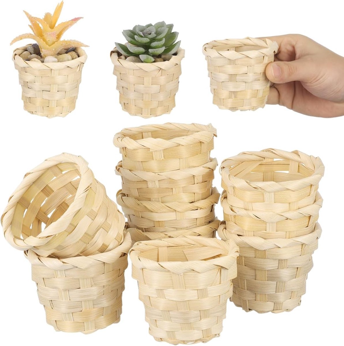 10 Stuks Mini Woven Mandjes van Hout voor Planten, Bloemen en Cadeaus zonder Handvatten voor Feestjes