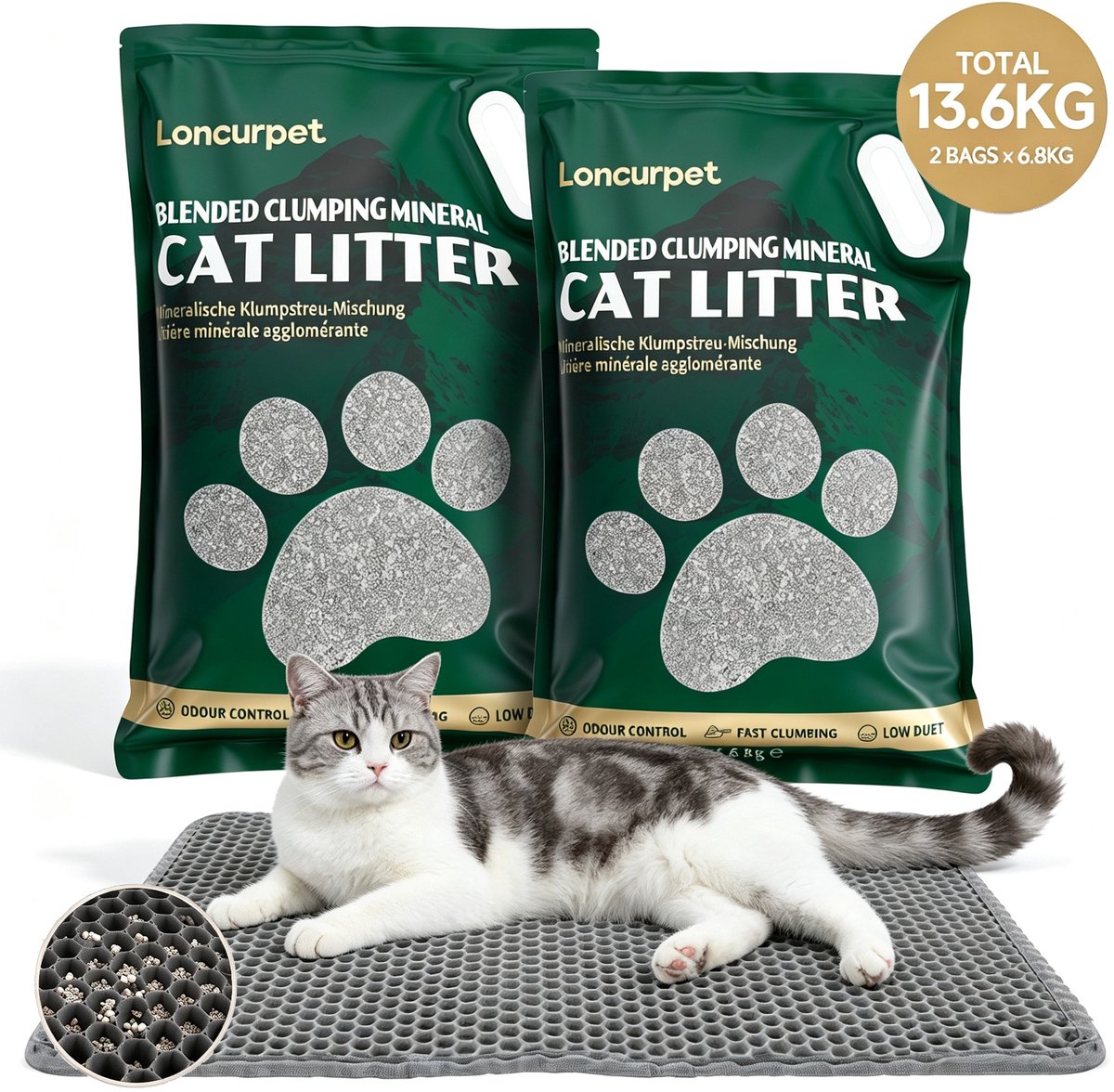 Loncurpet - Kattenbakvulling - Met Kattenbakmat - Natuurlijk Ruw Erts Kattengrind - 2 x 6,8kg - Snelle Klontvorming - 100% Stofvrij - Plakt Niet - Geurneutraal voor gevoelige katten