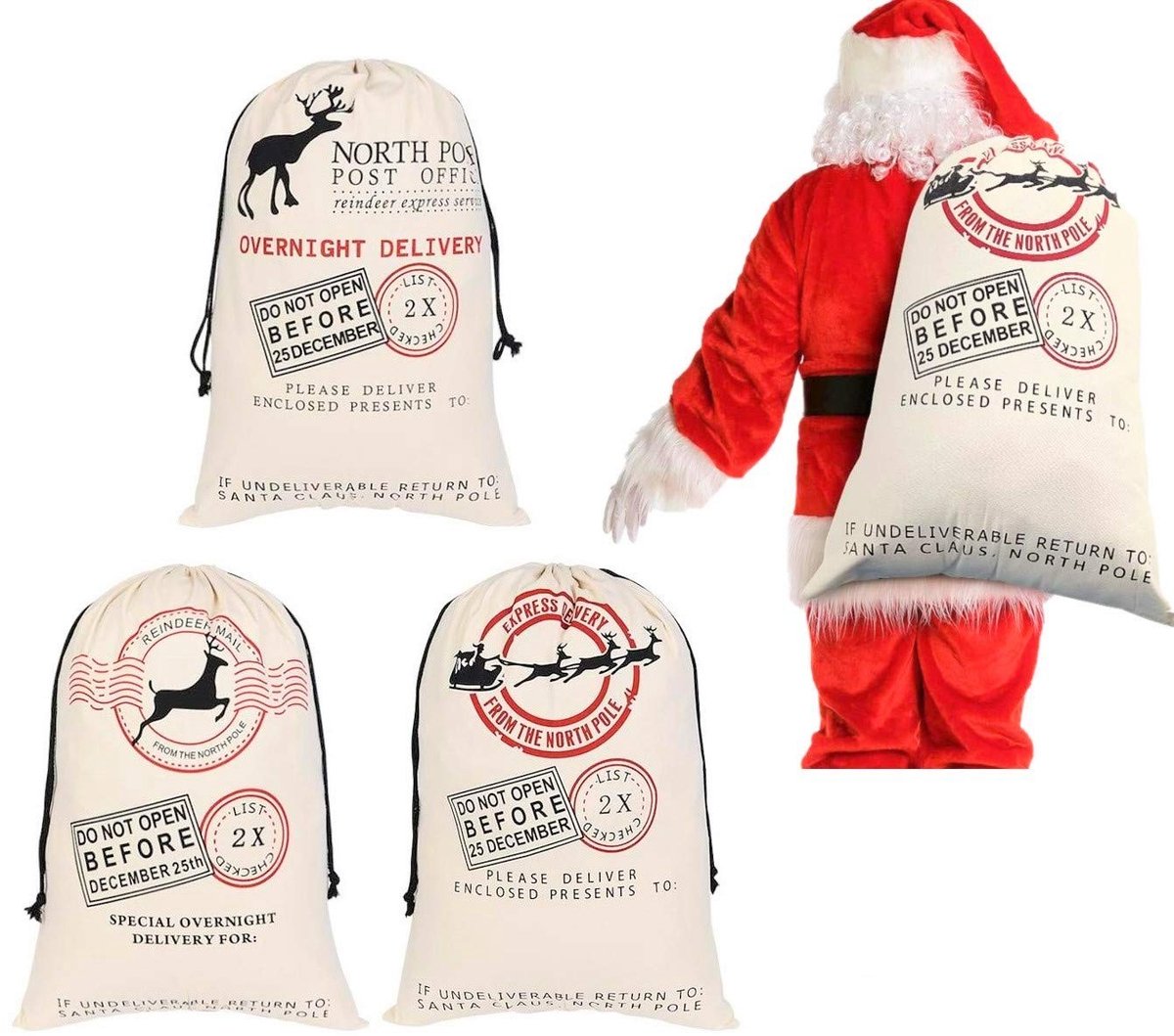 SolidKeus - Kerst Cadeautassen, Set van 3 Canvas Tassen