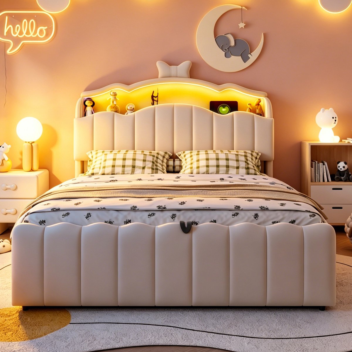 VVBV Kinderbed 140x200 cm - Hydraulische Opbergruimte, USB-Aansluiting, LED-Verlichting, Gestoffeerd Hoofdbord - Beige, Metaal