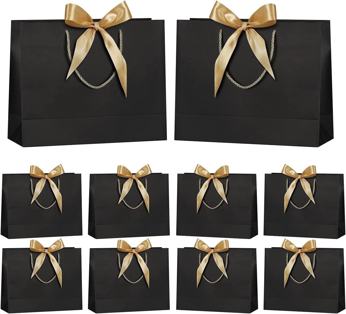 Grote Cadeauzakken met Gouden Strik - 10 Stuks, 32x25x11 cm - Papieren Tassen voor Verjaardagen, Bruiloften en Feestelijke Gelegenheden