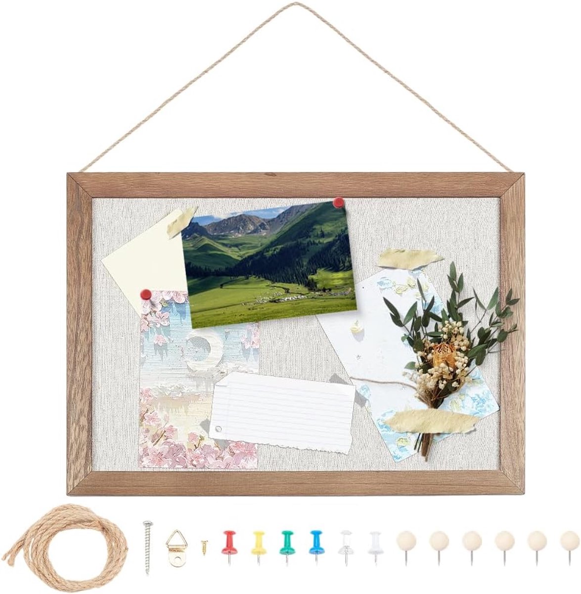 Craspire 36 x 26 cm kurkbord met linnen oppervlak, wandgemonteerd prikbord met houten frame, fotolijst, prikborden met spelden en ophangkoord voor wanddecoratie thuis op school