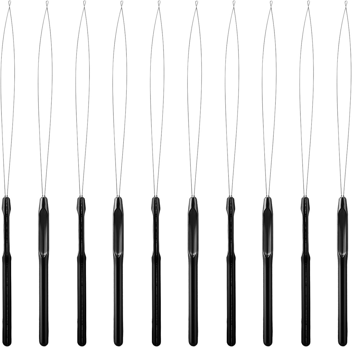 10 Stuks Haarverlenging Loop Naald Threader Trekhaak Tool | Micro Rings Nano Beads Device Tool, Styling Accessoires voor Haar en Veer Extensions Zwart