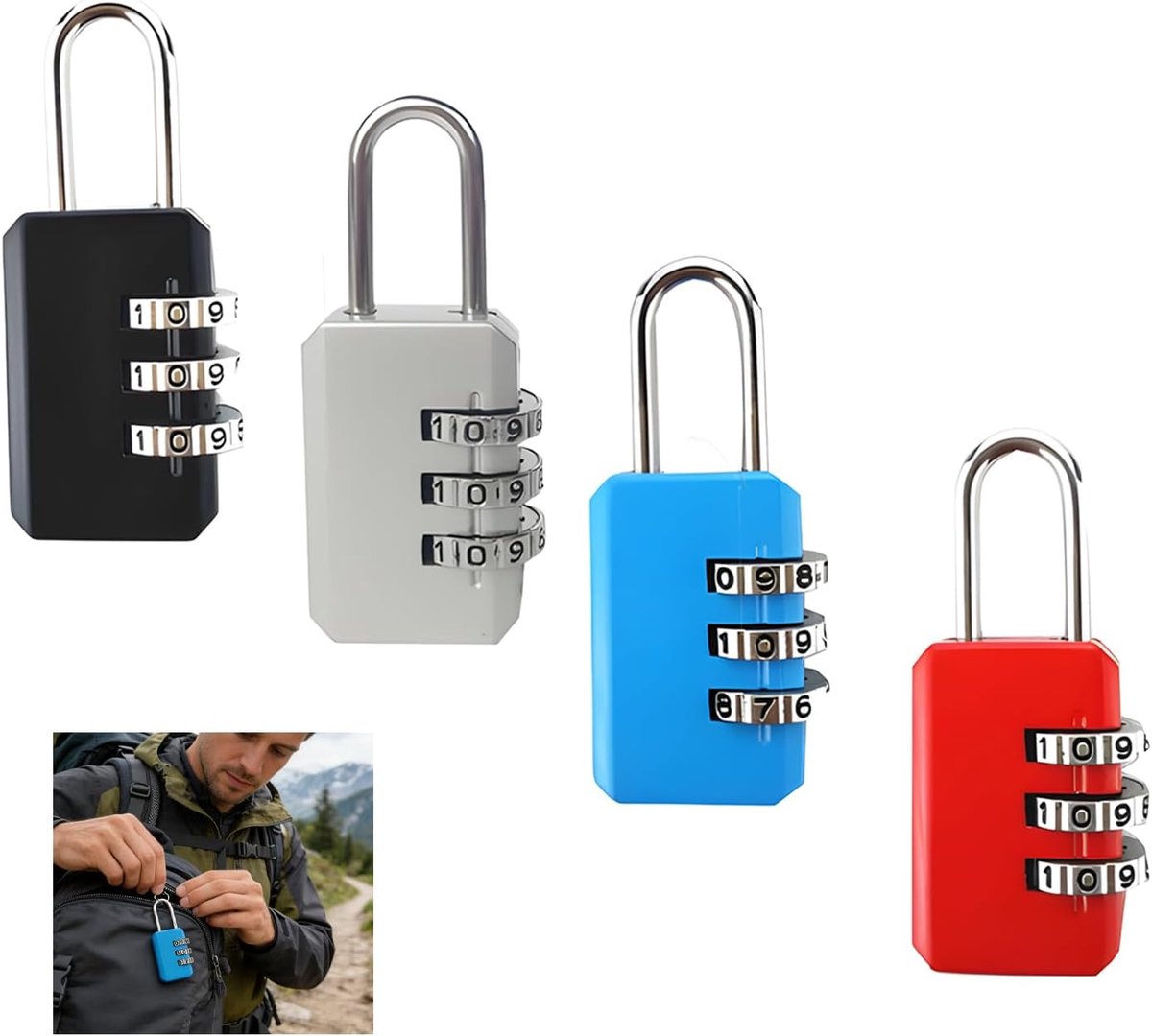 4 stuks cijferslot, 3-cijferig, hangslot met cijfercode voor kluis, fitnessstudio, school, weerbestendig slot van zinklegering voor koffer, gereedschapskist, kleurrijk (zwart, zilver, rood, blauw)