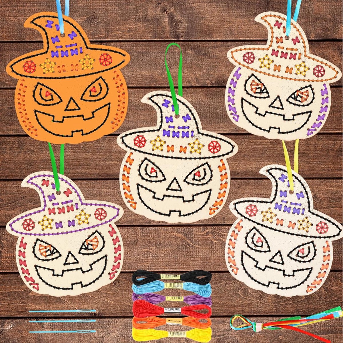 5 Stuks Craft Kruissteek Kit Halloween DIY Houten Naaien Kruissteek Pompoen Sleutelhanger Decoratie Kunst Frame Borduurwerk Starter Set voor Beginners Kinderen Kinderen Naalden Draden