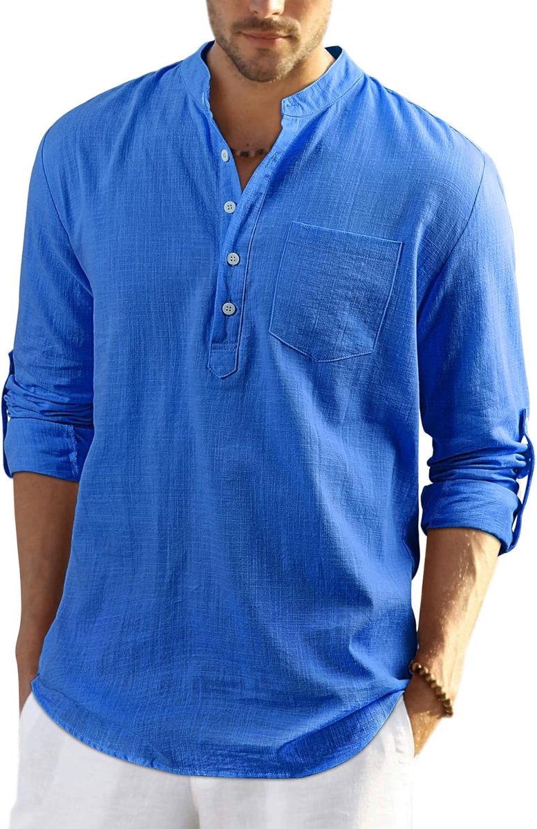 Heren Casual Katoenen Shirt Lange Mouw Button Down Zomer Lichtgewicht Henley Shirt Tops, Blauw, M