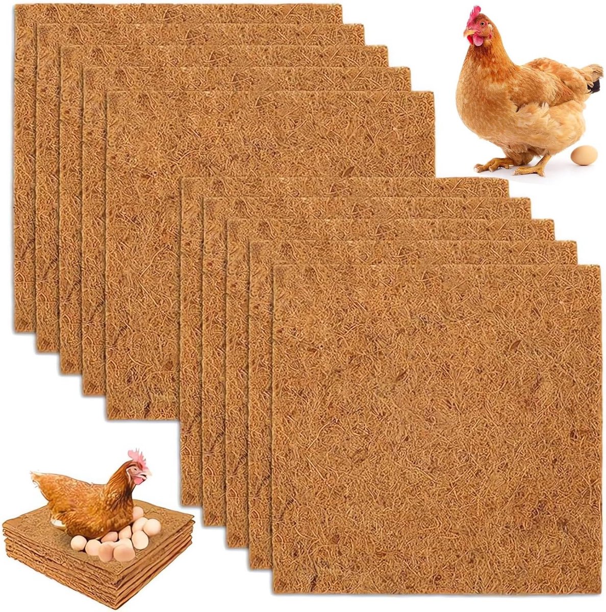 10 stuks, 30 x 30 cm dikke kokosvezel, gevoerd, wasbare gesimuleerde gras, kippennestmatten, herbruikbare nestmatten, accessoires ter bescherming van kippenhok en eieren