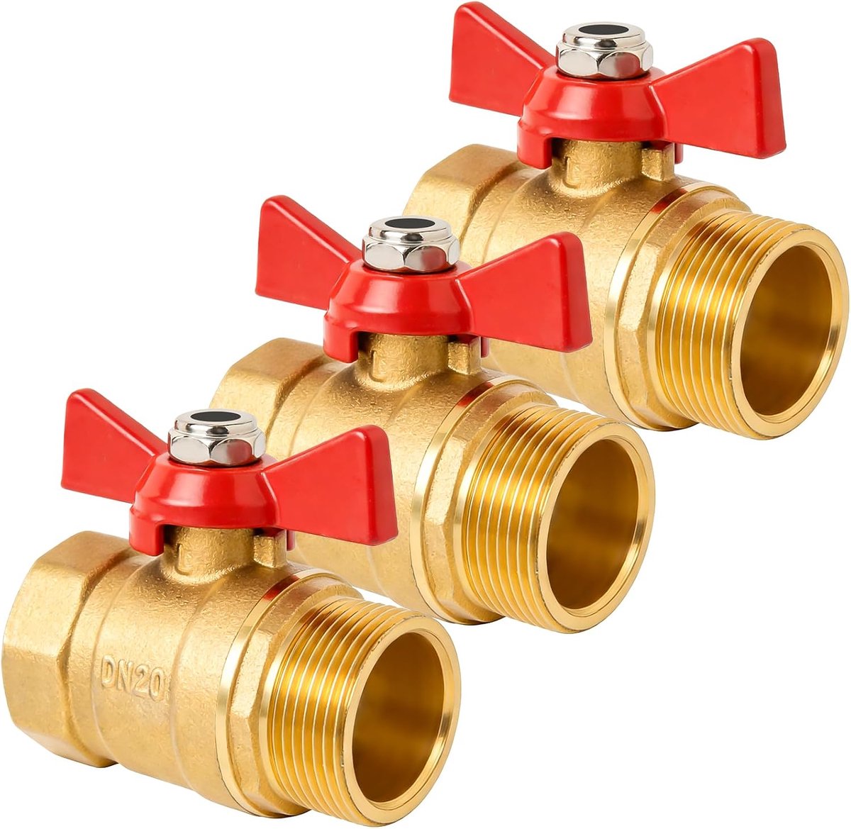 3 stuks messing kogelkraan, 3/4 inch, afsluitkraan met rode vleugelgreep, IG/AG, afsluitventiel, volledige doorgang voor kraan, waterleidingen, DN20