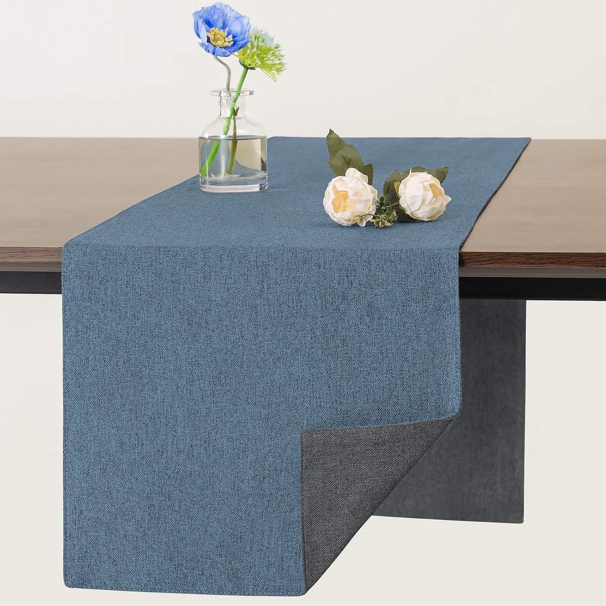 Tafelloper, boerderijstijl, antislip, hittebestendige tafelloper, machinewasbaar en onderhoudsvriendelijk faux linnen (grijs-blauw, tafelloper 33 x 182 cm)