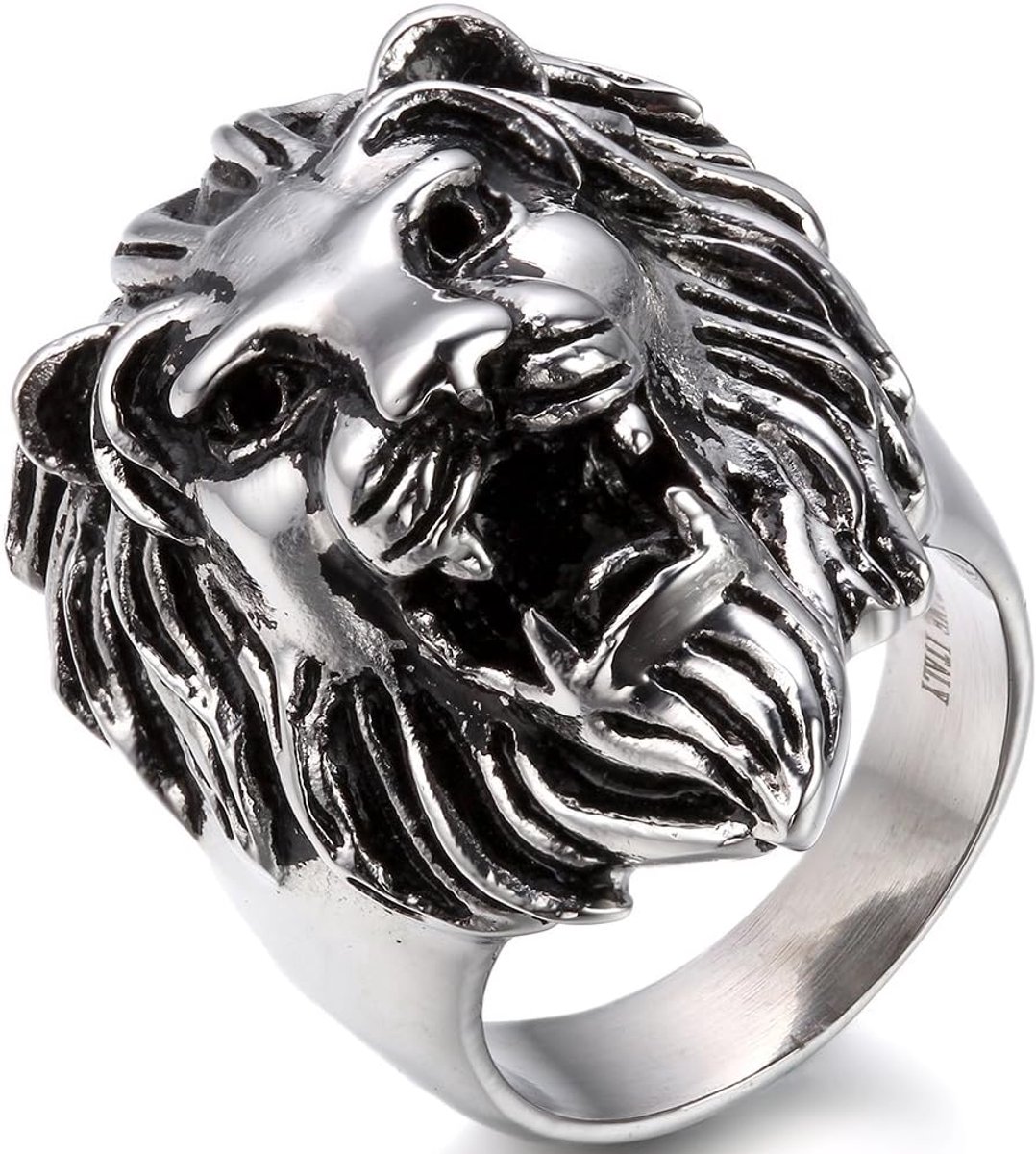Roestvrij stalen herenring leeuwenkop ringen voor heren en dames, punk rock vintage biker bandring zegelring als cadeau voor verjaardag, Kerstmis of Valentijnsdag